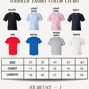 The image is a color chart for toddler t-shirts, displaying various color options and corresponding sizes.