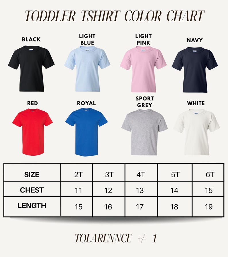 The image is a color chart for toddler t-shirts, displaying various color options and corresponding sizes.