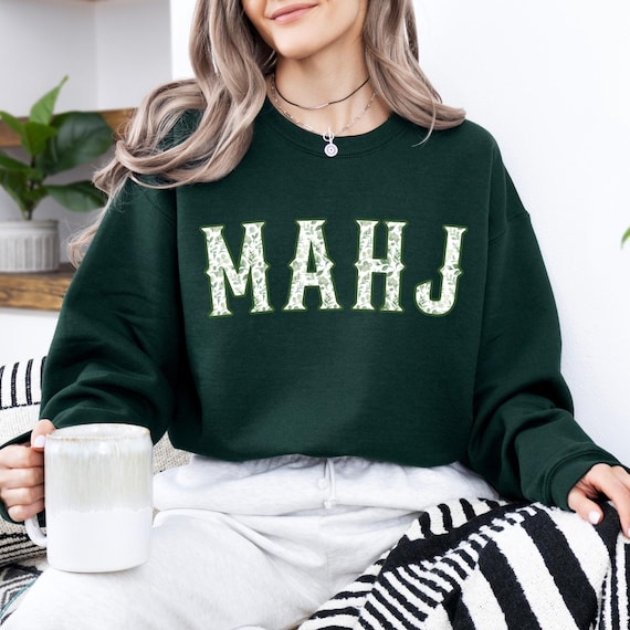 Green Toile MahJong Sweatshirt for Women Cute Floral Mahjongg Hoodie Green Chinoiserie Mahj Girl Group Apparel Mah-Jongg Enthusiast Sweater