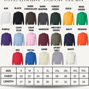 The image is a color chart for a collection of sweatshirts, displaying various color options and corresponding sizes.