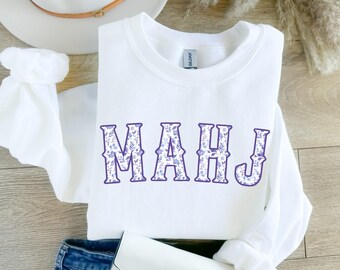 Purple Toile MahJong Sweatshirt for Women Cute Floral Mahjong Hoodie Purple Chinoiserie Mahj Girl Group Apparel Mah-Jongg Enthusiast Sweater