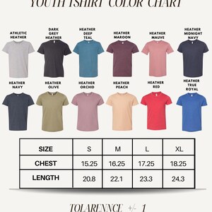 The image is a youth t-shirt color chart displaying various t-shirt designs in different colors and sizes.