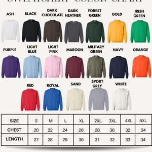 The image is a color chart for a collection of sweatshirts, displaying various color options and corresponding sizes.