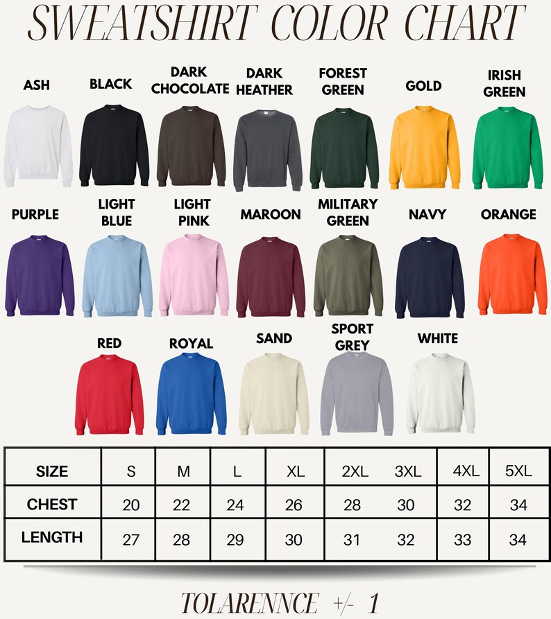 The image is a color chart for a collection of sweatshirts, displaying various color options and corresponding sizes.