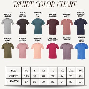 The image is a color chart for a collection of t-shirts, displaying various colors and sizes.