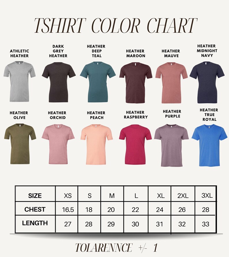The image is a color chart for a collection of t-shirts, displaying various colors and sizes.