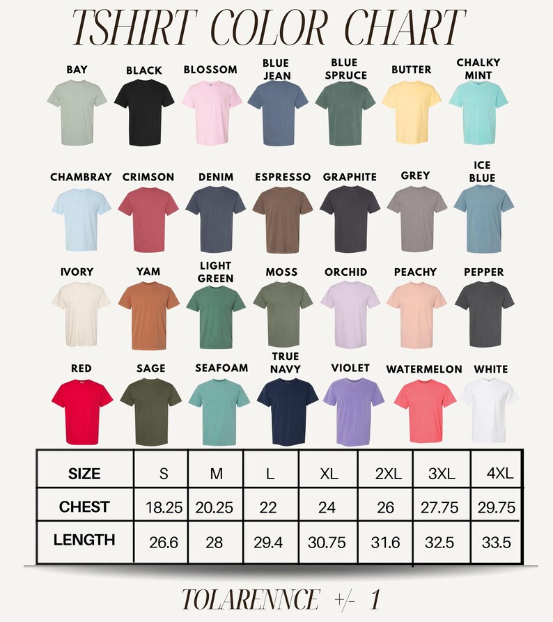 The image is a color chart that displays various t-shirt colors and sizes, along with corresponding descriptions.