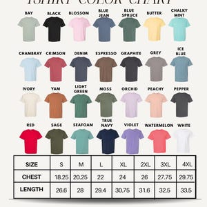 The image is a color chart that displays various t-shirt colors and sizes, along with corresponding descriptions.