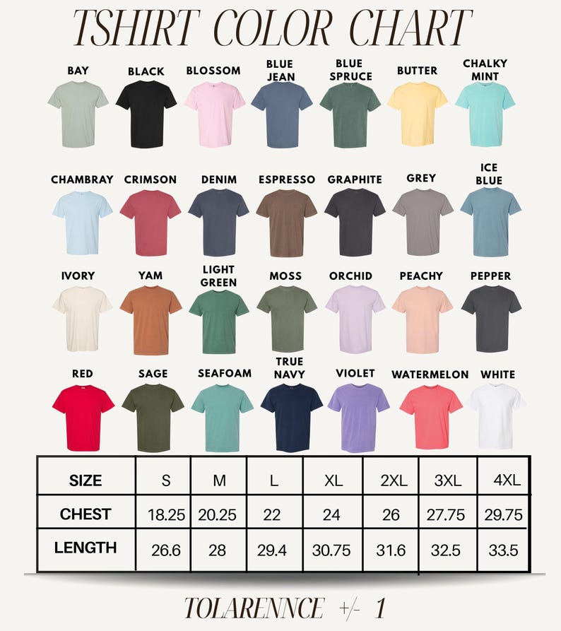 The image is a color chart that displays various t-shirt colors and sizes, along with corresponding descriptions.