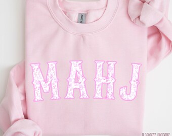 Pink Toile MahJong Sweatshirt for Women Cute Floral Mahjongg Hoodie Blue Chinoiserie Mahj Girl Group Apparel Mah-Jongg Enthusiast Sweater