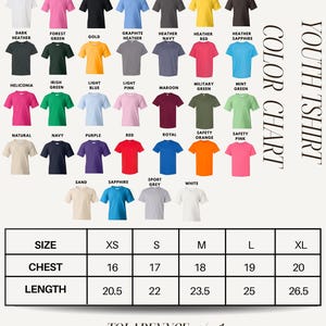 The image is a color t-shirt chart displaying various t-shirt designs in different colors, sizes, and styles.