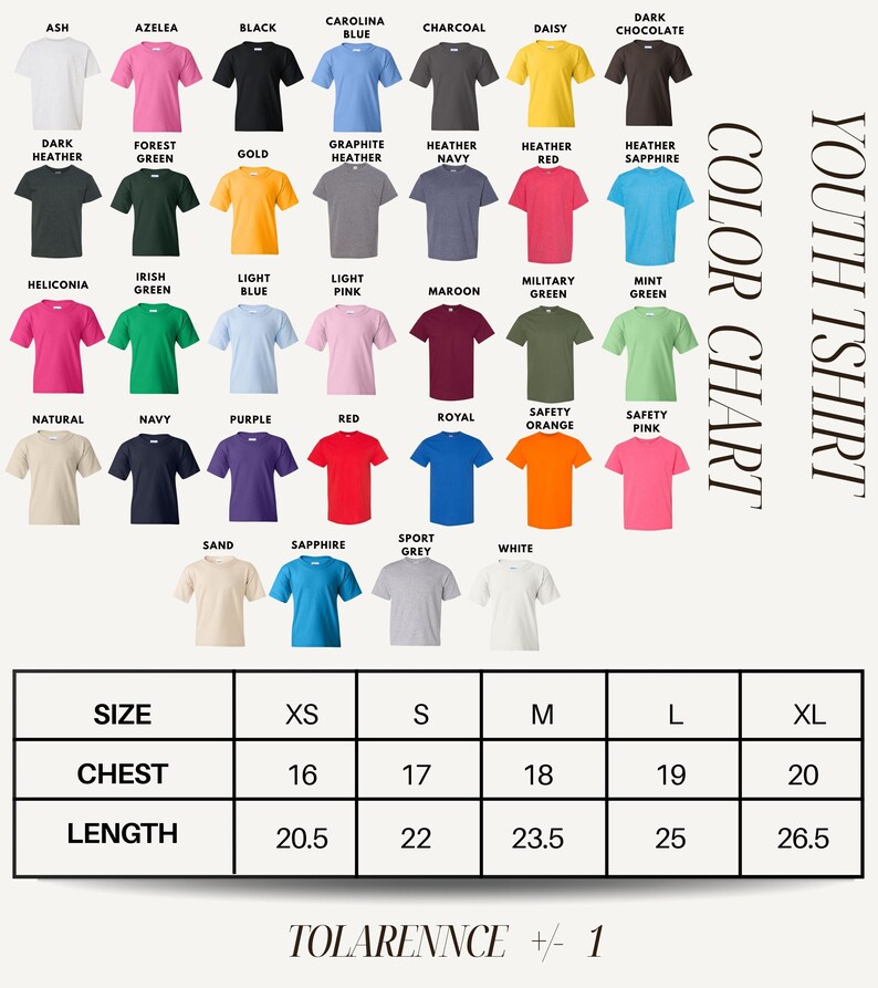 The image is a color t-shirt chart displaying various t-shirt designs in different colors, sizes, and styles.