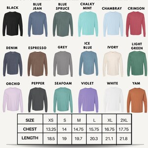The image is a color chart for long sleeve t-shirts, displaying various color options such as black, blue, green, mint, chambray, chambray, Crimson, denim, espresso, grey, mint, ivory, light green, orchid, pepper, seafoam, white, yam, and orchid. The chart provides size and color options for each color, including chest, length, and size.