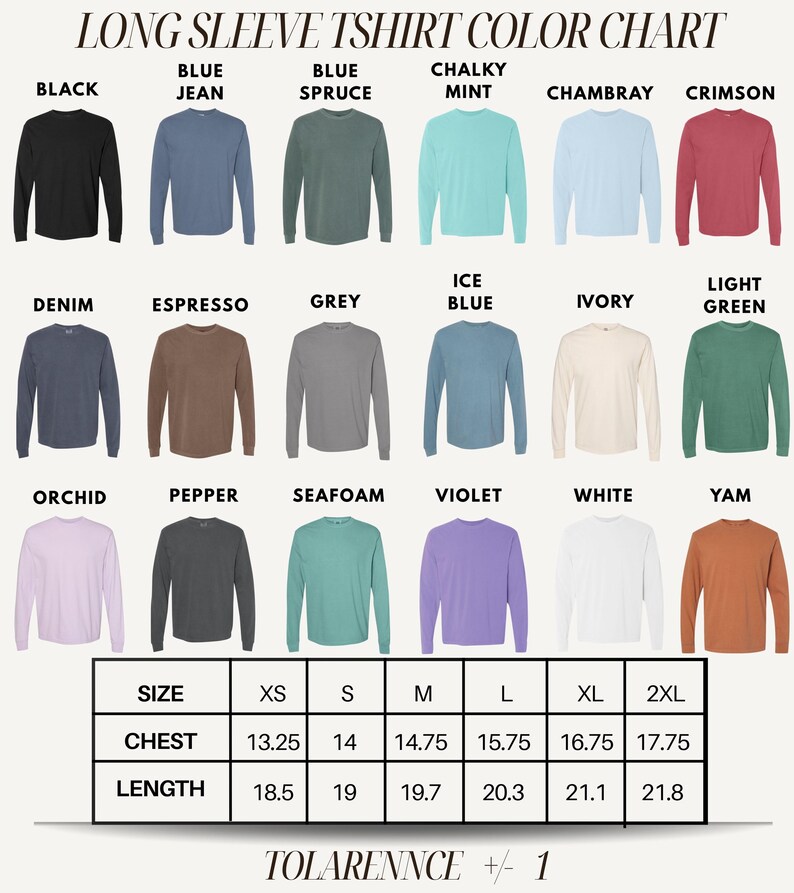 The image is a color chart for long sleeve t-shirts, displaying various color options such as black, blue, green, mint, chambray, chambray, Crimson, denim, espresso, grey, mint, ivory, light green, orchid, pepper, seafoam, white, yam, and orchid. The chart provides size and color options for each color, including chest, length, and size.