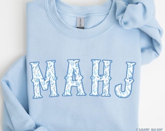 Blue Toile MahJong Sweatshirt for Women Cute Floral Mahjongg Hoodie Blue Chinoiserie Mahj Girl Group Apparel Mah-Jongg Enthusiast Sweater