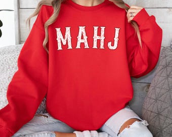 Red Toile MahJong Sweatshirt for Women Cute Floral Mahjongg Hoodie Red Chinoiserie Mahj Girl Group Apparel Mah-Jongg Enthusiast Sweater