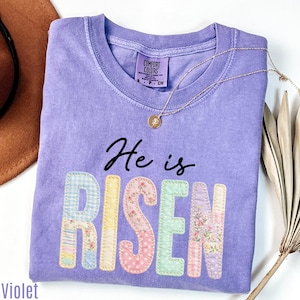 Comfort Colors Faux Patchwork He Is Risen Shirt: Retro Quilted Christian Easter Tee