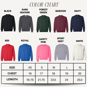 a color chart for youth sweatshirts, showing the different colors available and their corresponding sizes.