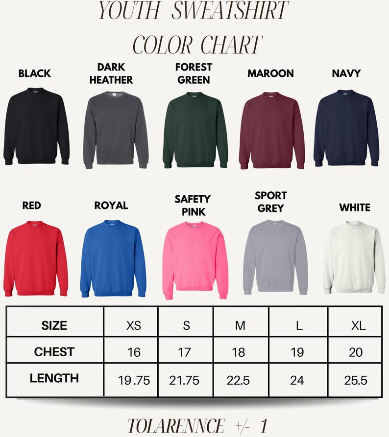 a color chart for youth sweatshirts, showing the different colors available and their corresponding sizes.