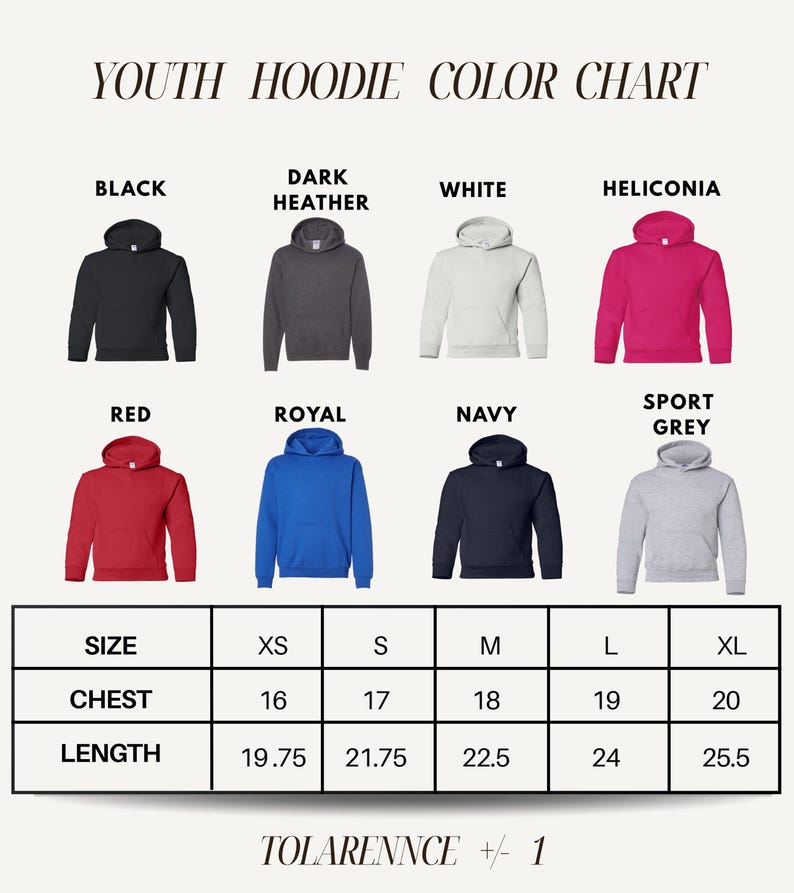The image is a color chart for youth hoodies, displaying different color options and corresponding sizes.