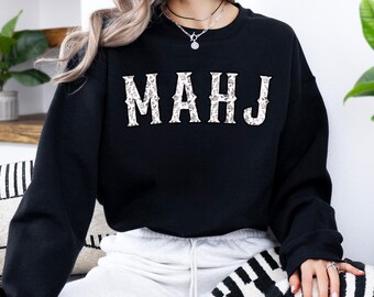 Black Toile MahJong Sweatshirt for Women Cute Floral Mahjongg Hoodie Black Chinoiserie Mahj Girl Group Apparel Mah-Jongg Enthusiast Sweater
