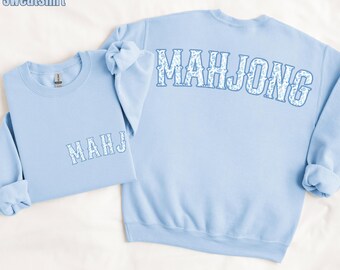 Blue Toile MahJong Sweatshirt for Women Cute Floral Mahjongg Hoodie Blue Chinoiserie Mahj Girl Group Apparel Mah-Jongg Enthusiast Sweater