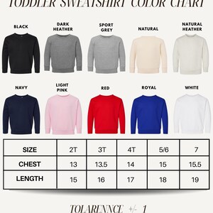 The image is a color chart for toddler sweatshirts, displaying various color options and corresponding sizes.