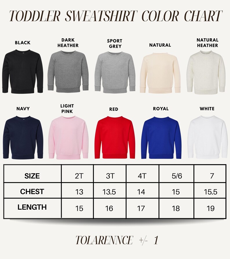 The image is a color chart for toddler sweatshirts, displaying various color options and corresponding sizes.