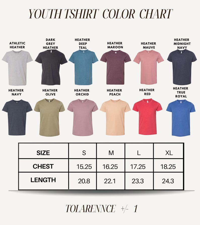 The image is a youth t-shirt color chart displaying various t-shirt designs in different colors and sizes.
