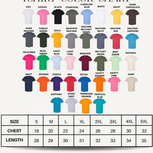 The image is a color chart displaying various t-shirt colors, sizes, and styles.
