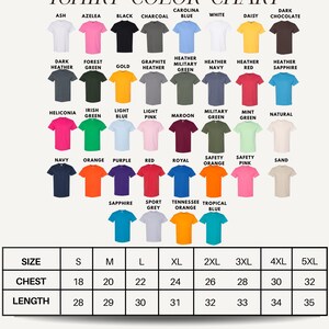 The image is a color chart displaying various t-shirt colors, sizes, and styles.