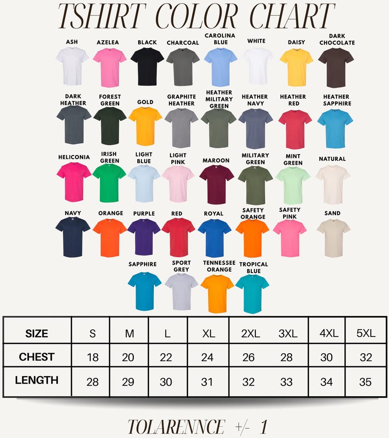 The image is a color chart displaying various t-shirt colors, sizes, and styles.