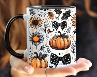 Halloween Mug: Spooky Pumpkin, Sunflower & Bow Design - 11oz Black Coffee Cup