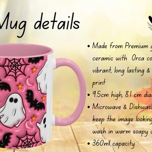 May include: Pink ceramic mug with a Halloween theme. The mug features a pattern of white ghosts, black bats, spiderwebs, and stars on a pink background. The mug is 9.5cm high and 8.1cm in diameter.