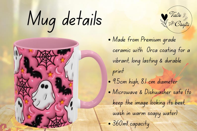 May include: Pink ceramic mug with a Halloween theme. The mug features a pattern of white ghosts, black bats, spiderwebs, and stars on a pink background. The mug is 9.5cm high and 8.1cm in diameter.