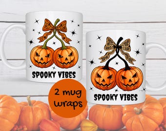 Pumpkin Cherries Mug Wrap PNG: Spooky Halloween Design (Digital Download)