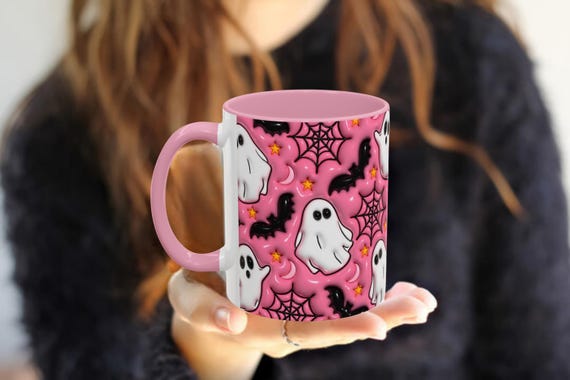 Pink Halloween Ghost Mug – Spooky Bats, Stars & Webs, 11oz
