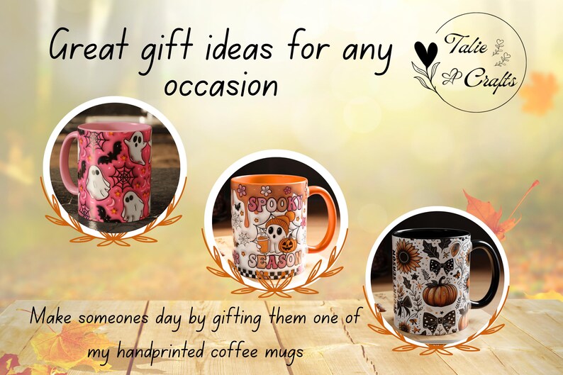 May include: Three hand-painted coffee mugs with Halloween designs. A pink mug has ghosts and spiderwebs. An orange mug says "Spooky Season" with a skull and pumpkin. A black mug has sunflowers and pumpkins. Text reads "Great gift ideas for any occasion."