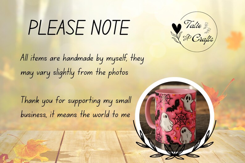 May include: Pink ceramic mug with a Halloween design. The mug displays white ghost illustrations, black bats, and spiderwebs on a pink backdrop. The mug has a pink handle and the text "PLEASE NOTE" is visible.