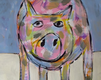 Folk Art, Pig, Painting, Child Decor, Folk Art, Original