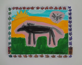 Outsider Folk Art Mixed media Collage Horse and Bird