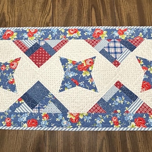 Quilted Americana Summer Table Runner 17” x 43” Blue Floral Rosie fabric by Fig Tree