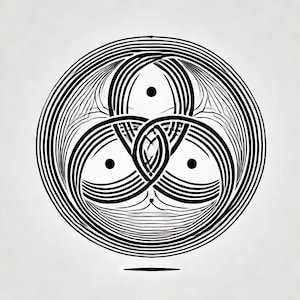 Puede incluir: Un diseño abstracto en blanco y negro con tres círculos superpuestos, cada uno con líneas concéntricas. Los círculos están dispuestos en forma de triángulo, con tres puntos negros en los vértices del triángulo.