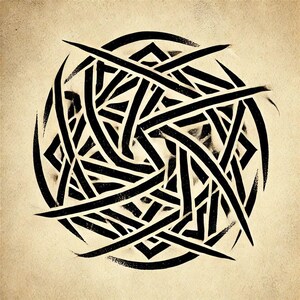 Puede incluir: Un diseño abstracto en blanco y negro con un patrón circular de líneas entrelazadas. La obra de arte tiene una apariencia texturizada y envejecida, con un fondo beige claro y un efecto de pintura en aerosol.