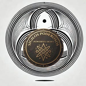 Puede incluir: Un emblema circular negro y dorado con el texto SIGILOS PODEROSOS y POWERFUL SIGILS, centrado sobre un complejo patrón de líneas blancas y negras. El emblema muestra un diseño central de nudo en forma de estrella con pequeños símbolos celestiales.