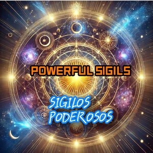 Puede incluir: Un emblema circular dorado con intrincados patrones geométricos y motivos celestiales, incluyendo estrellas y planetas. El texto POWERFUL SIGILS está impreso en naranja y SIGILOS PODEROSOS está impreso en azul en el centro.