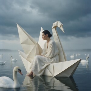 Könnte beinhalten: Eine Person mit dunklem Haar im Dutt trägt ein langärmeliges, bodenlanges cremefarbenes Kleid und sitzt in einer großen, weißen, geometrischen Papierschwan-Skulptur, die auf dem Wasser schwimmt, umgeben von mehreren weißen Schwänen unter bewölktem Himmel.