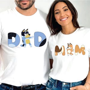 Couple Dad mam Shirts Dad mom tee Funny Blue Dog Dad Mum Shirts Cute Mum Shirts Mom and Dad Shirt Trend Cartoon Parent Shirt family matching