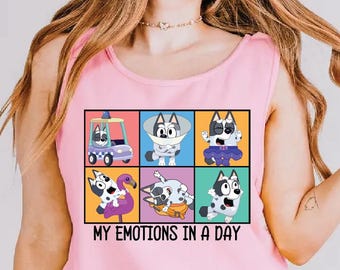 My Emotions In A Day Blue Shirt Funny Blue Kids Shirt puppy Friends tee Blue Boy Shirt puppy Cartoon shirt Girl Trip Tee