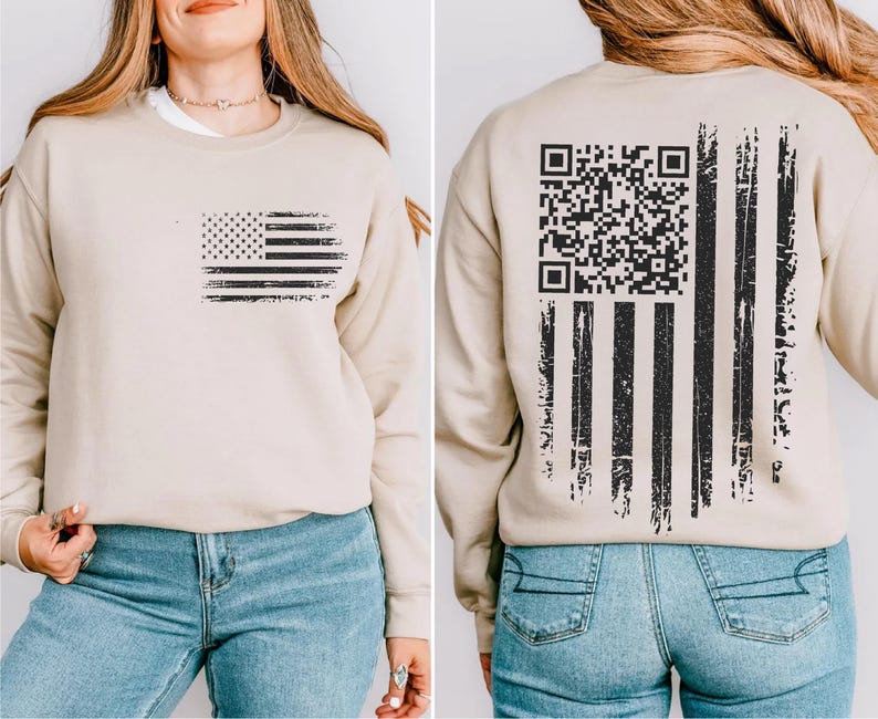 The image is a collage of two photos showing the back of a beige sweatshirt with an American flag design and a QR code printed on the back.